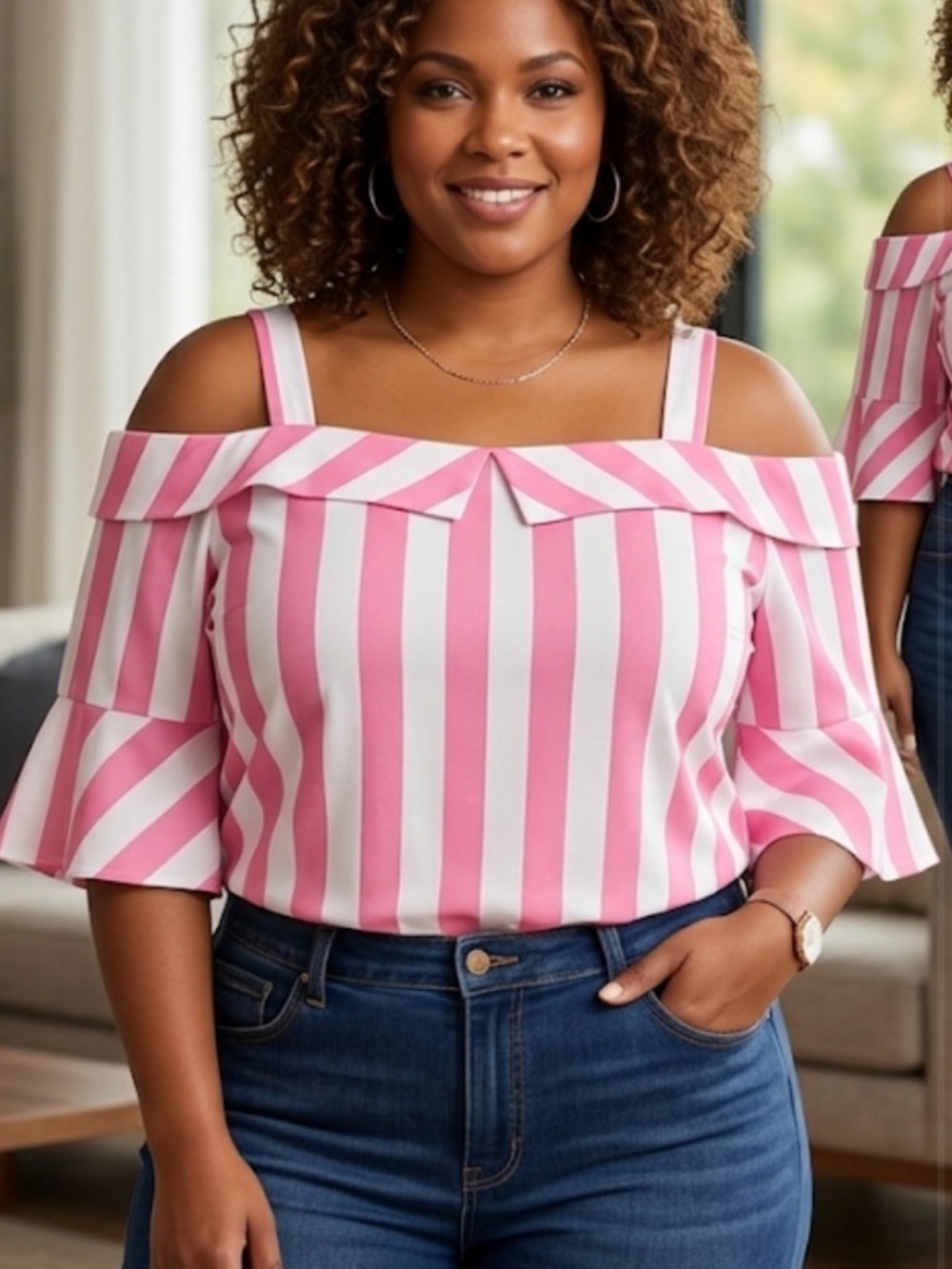 Ashley Stewart Pink and White Striped Cold-Shoulder Blouse Plus Size 22/24